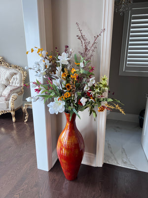 Red/Gold Floor Vase with Faux Floral Arrangement