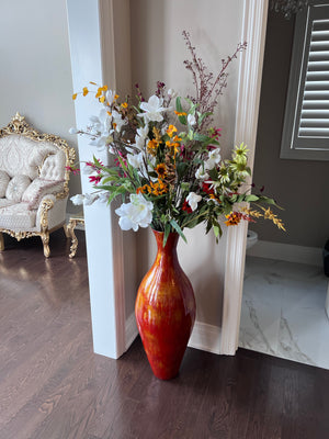 Red/Gold Floor Vase with Faux Floral Arrangement