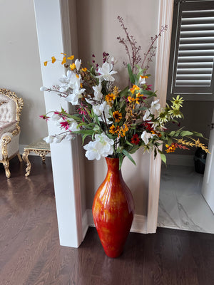 Red/Gold Floor Vase with Faux Floral Arrangement