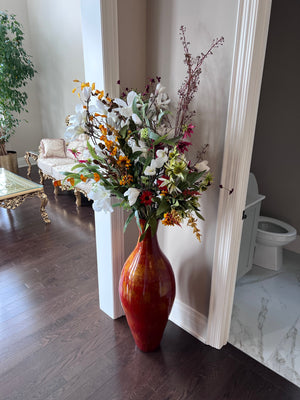 Red/Gold Floor Vase with Faux Floral Arrangement