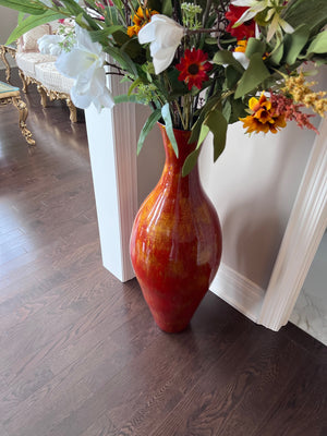 Red/Gold Floor Vase with Faux Floral Arrangement