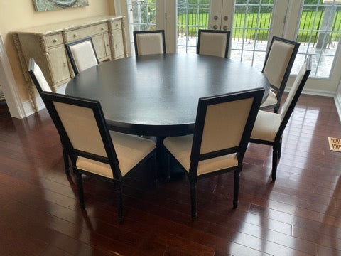 Restoration Hardware Black Round Dining Table + 8 Linen Chairs