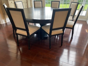 Restoration Hardware Black Round Dining Table + 8 Linen Chairs