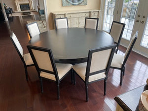 Restoration Hardware Black Round Dining Table + 8 Linen Chairs