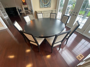 Restoration Hardware Black Round Dining Table + 8 Linen Chairs