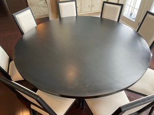 Restoration Hardware Black Round Dining Table + 8 Linen Chairs