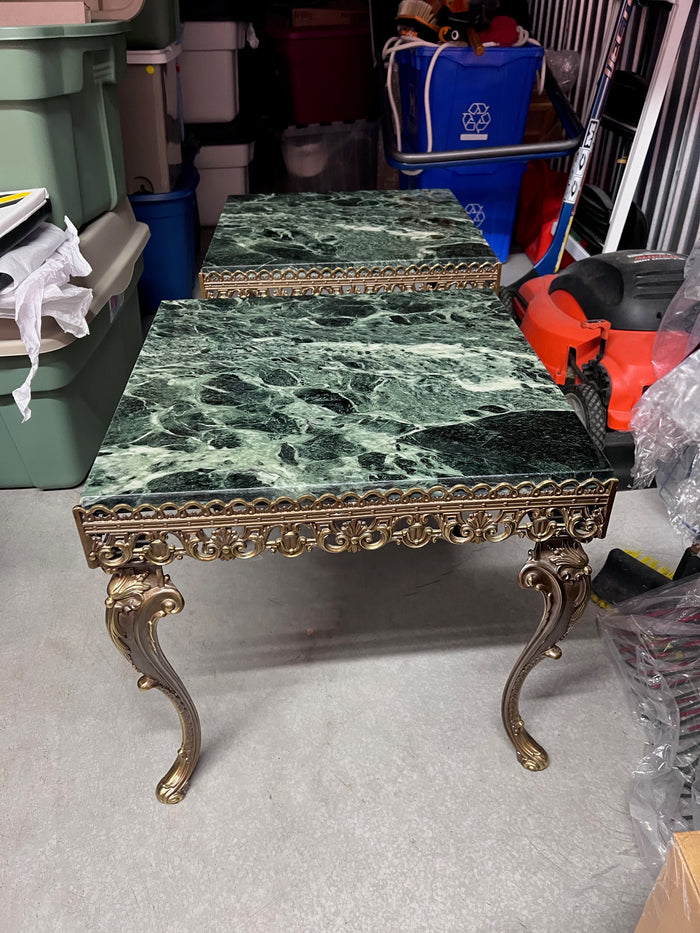 Pair of Green Marble Side Tables, Gold Metal Base