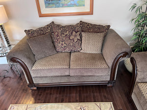 Brown Upholstered Love Seat, Wood Frame