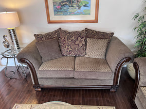 Brown Upholstered Love Seat, Wood Frame