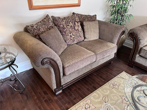 Brown Upholstered Love Seat, Wood Frame