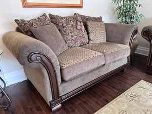 Brown Upholstered Love Seat, Wood Frame