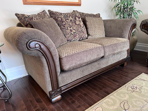 Brown Upholstered Love Seat, Wood Frame