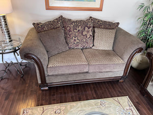 Brown Upholstered Love Seat, Wood Frame