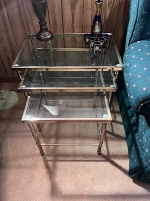 Set of 3 Brass & Glass Nesting Tables