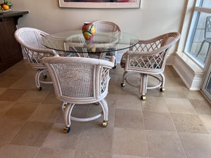 Round Glass Top Kitchen Table with White Rattan Base + 4 Chairs