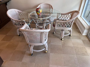 Round Glass Top Kitchen Table with White Rattan Base + 4 Chairs