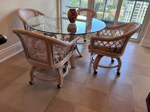 Round Glass Top Kitchen Table with White Rattan Base + 4 Chairs