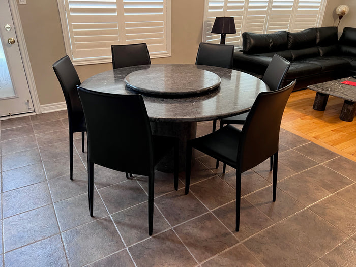 Italian Grey Marble Round Dining Table + 6 Black Bonded Leather Chairs