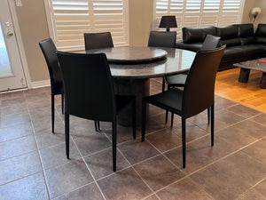 Italian Grey Marble Round Dining Table + 6 Black Bonded Leather Chairs