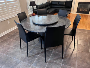 Italian Grey Marble Round Dining Table + 6 Black Bonded Leather Chairs