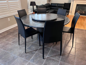 Italian Grey Marble Round Dining Table + 6 Black Bonded Leather Chairs