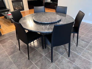 Italian Grey Marble Round Dining Table + 6 Black Bonded Leather Chairs