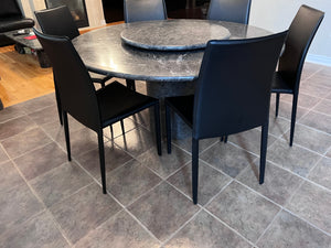 Italian Grey Marble Round Dining Table + 6 Black Bonded Leather Chairs