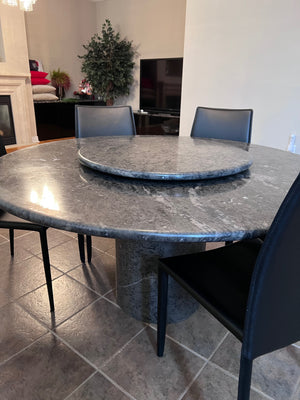 Italian Grey Marble Round Dining Table + 6 Black Bonded Leather Chairs