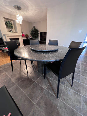 Italian Grey Marble Round Dining Table + 6 Black Bonded Leather Chairs