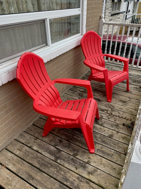 2 Red Plastic Adirondack Muskoka Chairs