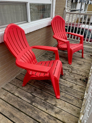 2 Red Plastic Adirondack Muskoka Chairs