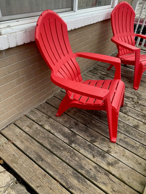 2 Red Plastic Adirondack Muskoka Chairs