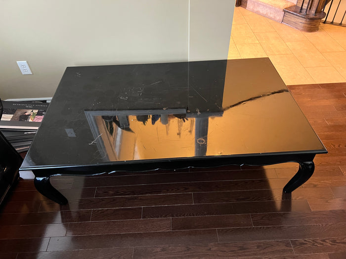 Black Lacquered Low Profile Coffee Table, w/Glass Top (*condition noted)