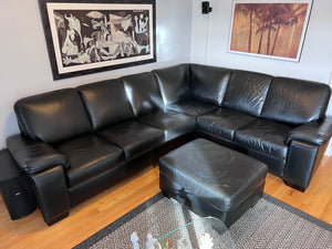 Black Leather Sectional Sofa + Ottoman