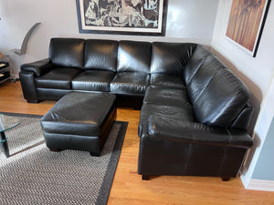 Black Leather Sectional Sofa + Ottoman