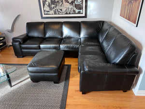 Black Leather Sectional Sofa + Ottoman