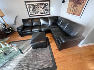 Black Leather Sectional Sofa + Ottoman