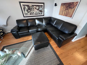 Black Leather Sectional Sofa + Ottoman