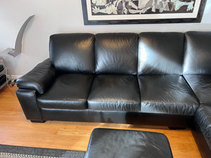 Black Leather Sectional Sofa + Ottoman