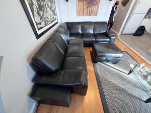 Black Leather Sectional Sofa + Ottoman