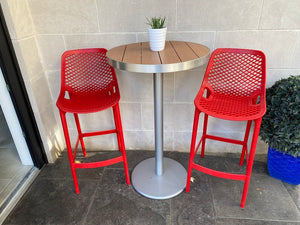 2 Red Siesta Air Bar Stools + Round Cruiser Table