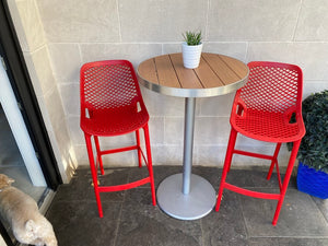 2 Red Siesta Air Bar Stools + Round Cruiser Table