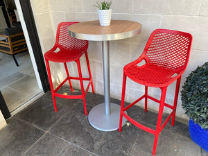 2 Red Siesta Air Bar Stools + Round Cruiser Table