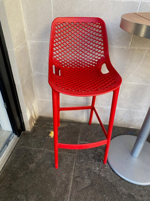 2 Red Siesta Air Bar Stools + Round Cruiser Table