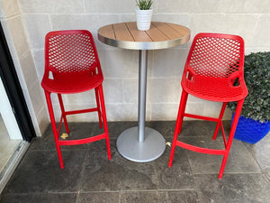 2 Red Siesta Air Bar Stools + Round Cruiser Table