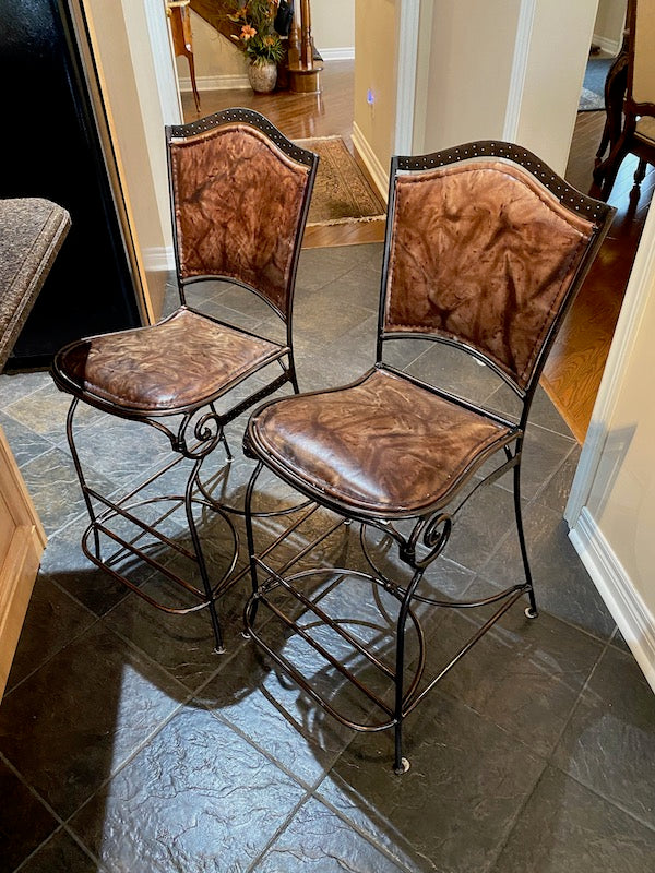 2 Palma Brava Wrought Iron & Leather Bar Stools