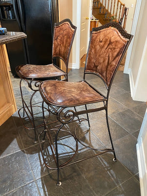 2 Palma Brava Wrought Iron & Leather Bar Stools