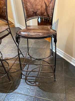 2 Palma Brava Wrought Iron & Leather Bar Stools