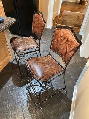 2 Palma Brava Wrought Iron & Leather Bar Stools