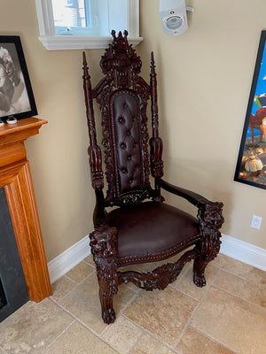 Wood Carved & Leather Large Throne Chair
